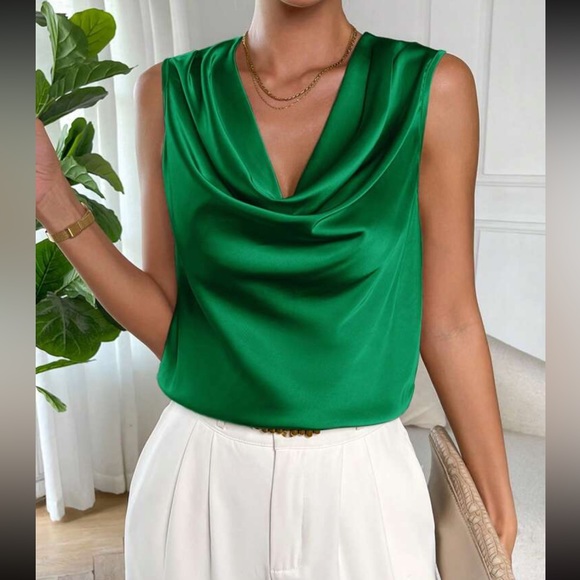 Luxe teal blue draped front sleeveless blouse - Picture 12 of 16